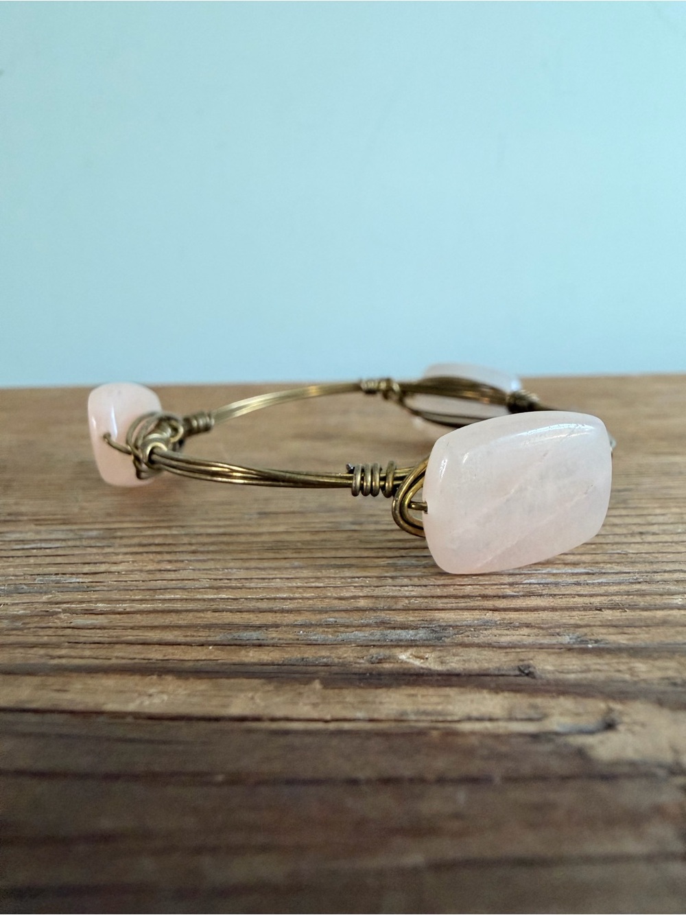 Rose Quartz Stone Wire-Wrapped Bangle Bracelet - Pink